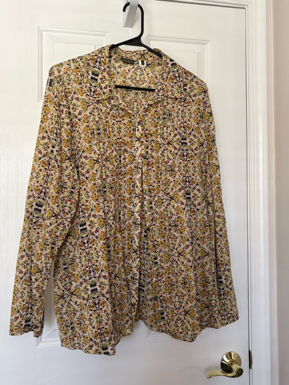 Eddie Bauer Floral Button-Front Blouse - Cream, Yellow, Navy